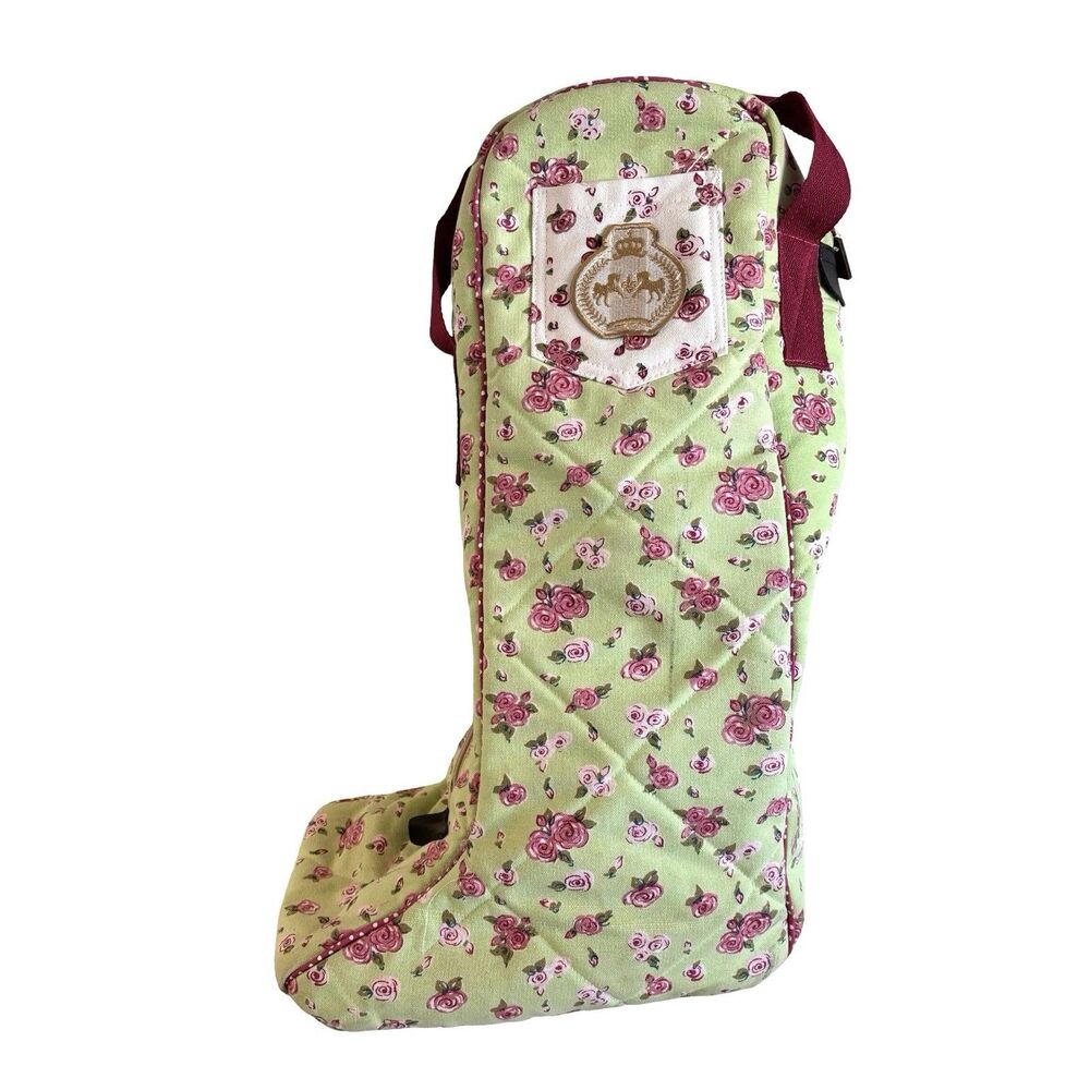 Bindia Boot Bag Quilted Holds One Pair Of Boots Green Pink Floral Zip Tote